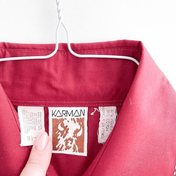 Vintage Karman Mens Pearl Snap Button Western Shirt Burgundy Red Size 15.5-33 - Picture 4 of 10